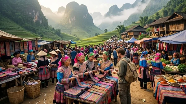 Bac Ha mountain landscape with terraced rice fields